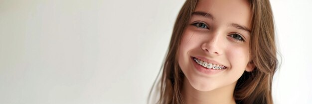 Photo beautiful smiling girl with dental braces teeth with orthodontic cases closeup medical horizontal banner copy space for dentistry dental clinic dentists offices poster card promotion web