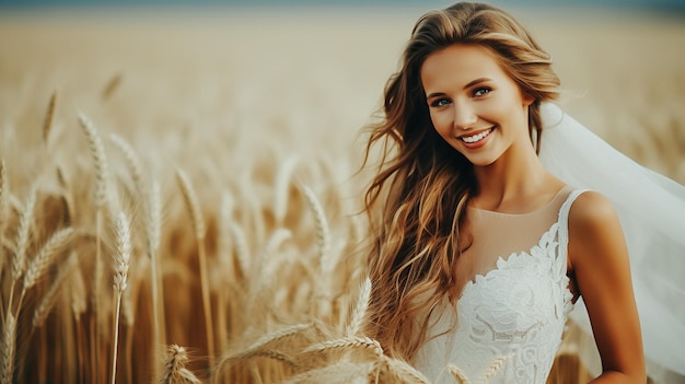 Beautiful smiling and happy of bride with white wedding dress in the wheat field sunset AI Generated