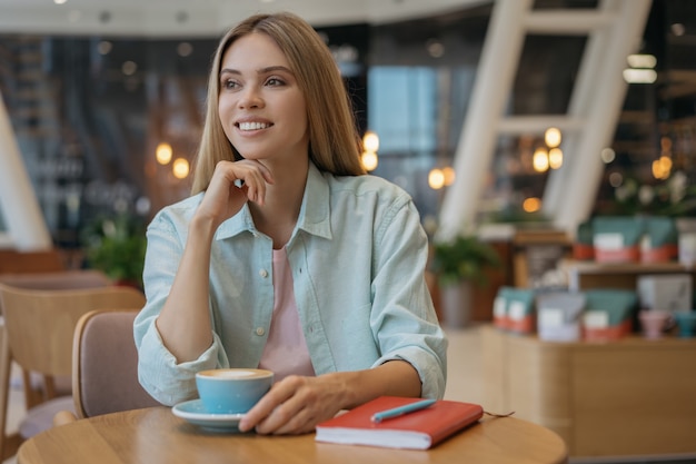 Beautiful smiling woman drinking coffee, planning project, sitting in modern cafe. Coffee break concept