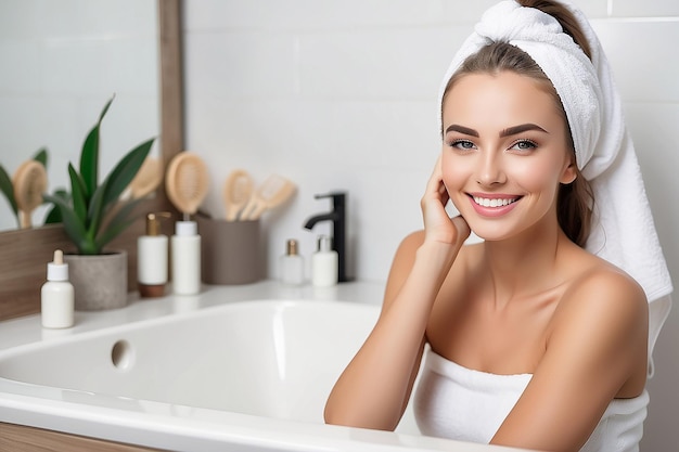 Beautiful Smiling Woman Taking Care of Skin in Bathroom