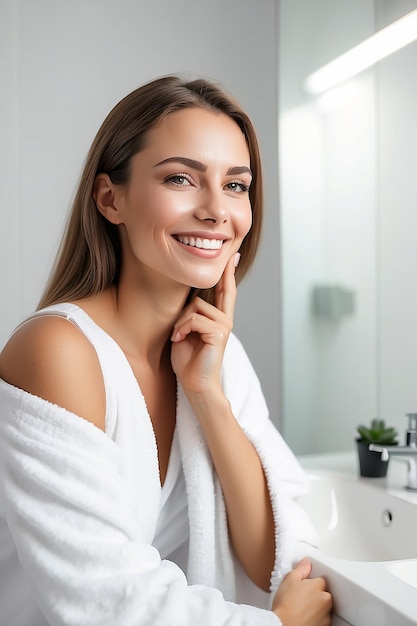 Beautiful Smiling Woman Taking Care of Skin in Bathroom