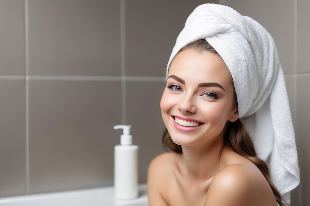 Beautiful Smiling Woman Taking Care of Skin in Bathroom