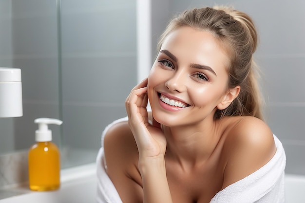 Photo beautiful smiling woman taking care of skin in bathroom