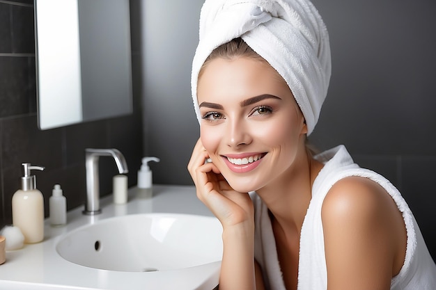 Beautiful Smiling Woman Taking Care of Skin in Bathroom