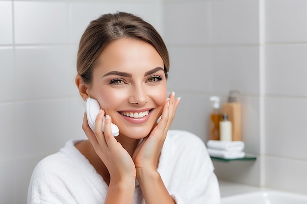 Beautiful Smiling Woman Taking Care of Skin in Bathroom