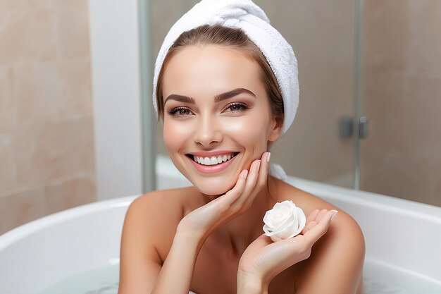 Beautiful Smiling Woman Taking Care of Skin in Bathroom