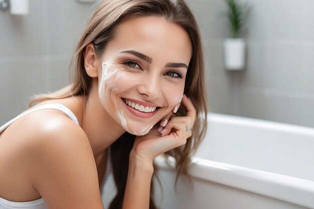 Beautiful Smiling Woman Taking Care of Skin in Bathroom