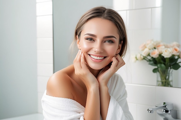 Beautiful Smiling Woman Taking Care of Skin in Bathroom