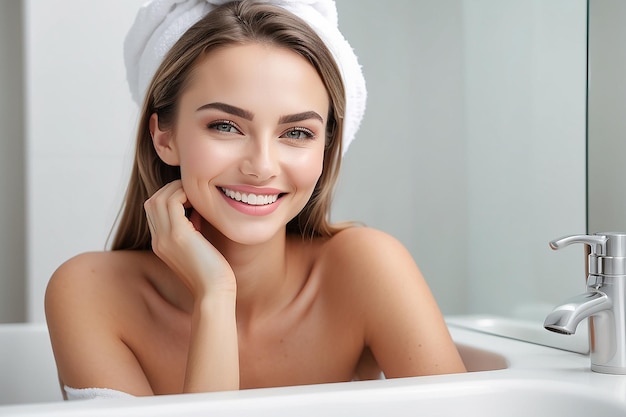 Beautiful Smiling Woman Taking Care of Skin in Bathroom