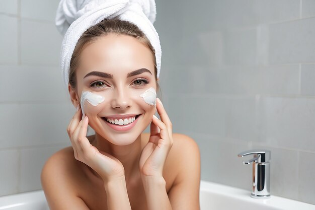 Beautiful Smiling Woman Taking Care of Skin in Bathroom