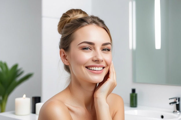 Photo beautiful smiling woman taking care of skin in bathroom