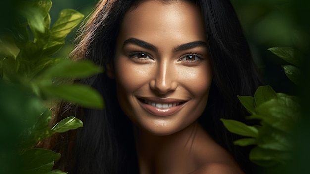 Beautiful smiling woman with flawless skin surrounded by greenery Generative AI image