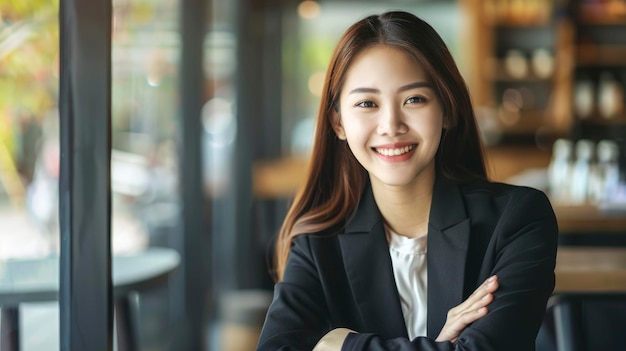 A Beautiful Smiling Young Asian Businesswoman Sits With Crossed Arms Exuding Confidence High Quality