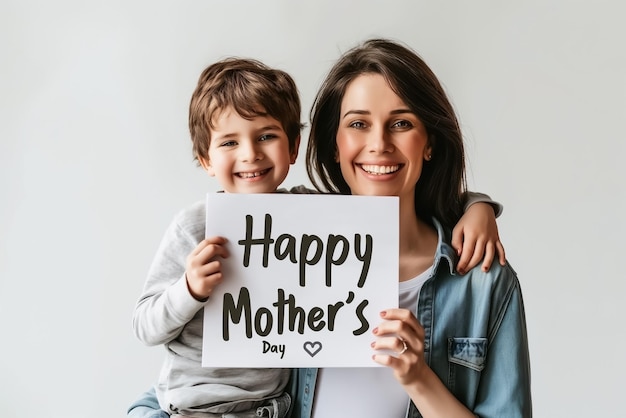 Beautiful smiling young mother with her son holding a sign that says happy mothers day