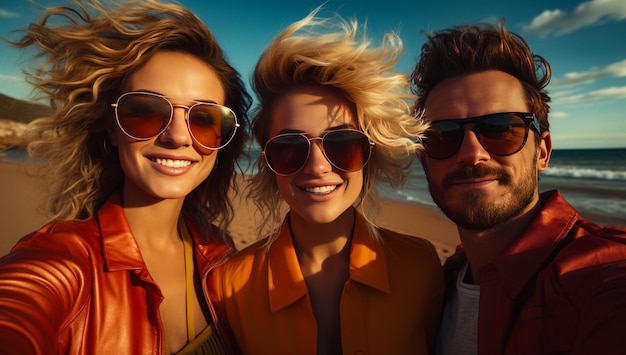 Beautiful smiling young people portrait Happy people taking selfie on the beach Close up Generative AI