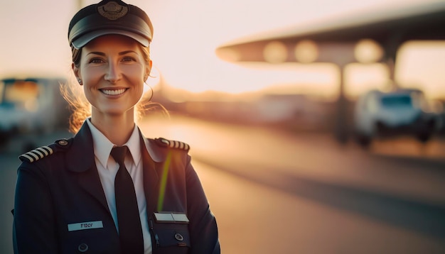 a beautiful smiling young pilot in front of a blurry airport background