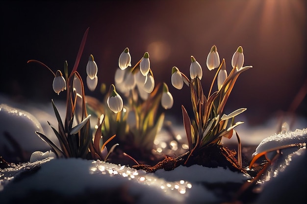 Beautiful snowdrop flowers in the snow First spring flowersgenerative ai