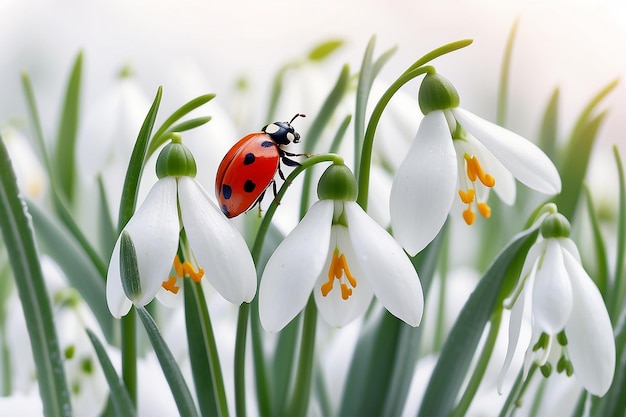 Beautiful snowdrops flower blossom ladybug butterfly closeup on white panorama background Spring floral nature greeting card template