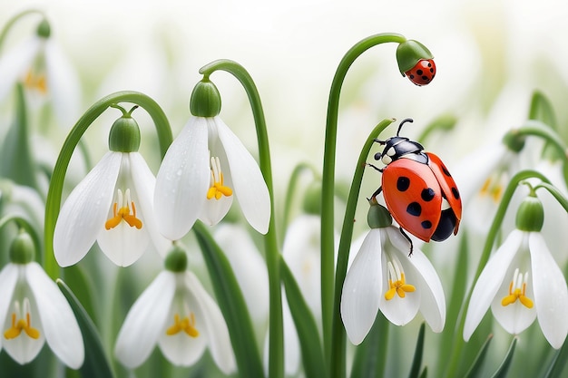 Beautiful snowdrops flower blossom ladybug butterfly closeup on white panorama background Spring floral nature greeting card template