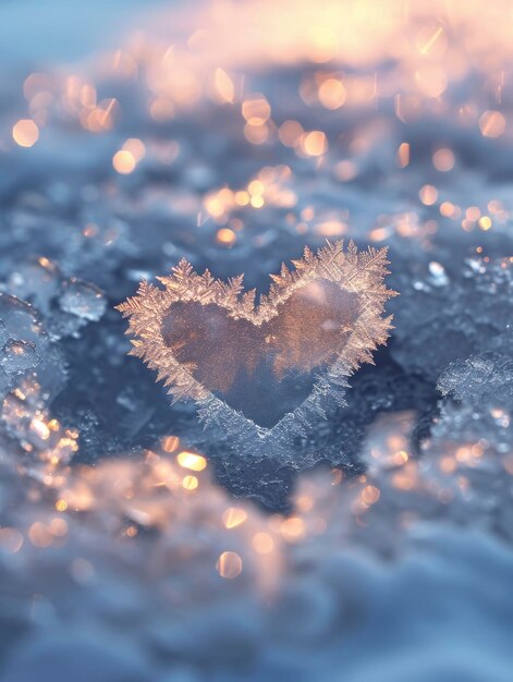 Beautiful snowflakes form a heart shape on ice close up photo top view sunny winter day