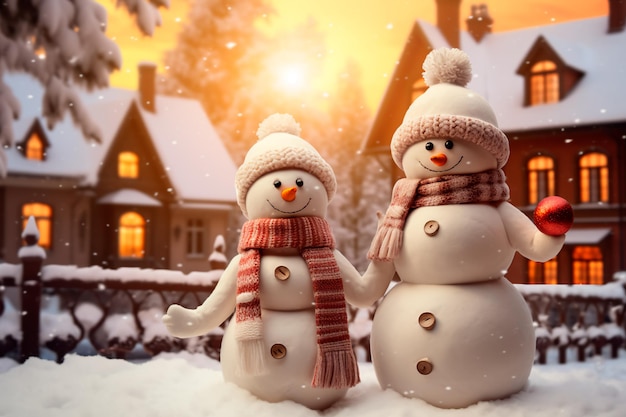 A beautiful snowman near a house decorated for Christmas Warm image colors