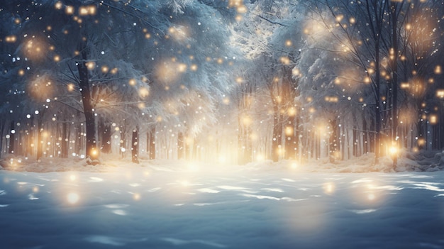 Beautiful snowy forest and abstract shiny light back