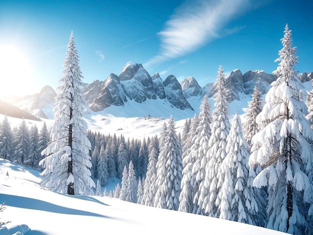 Beautiful snowy landscape of a pine forest