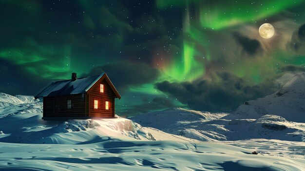 a beautiful snowy landscape with a small cabin on the mountain the moon shines in an aurora sky