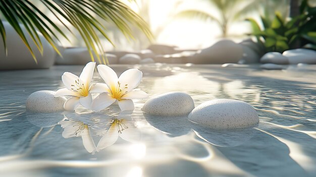 Photo beautiful spa background featuring white stones lily flowers and sun shadows on a transparent