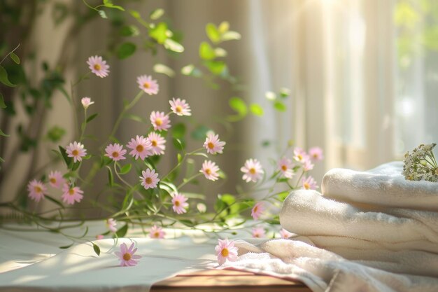 Beautiful spa background with blurred greenery and flowers towel on the table