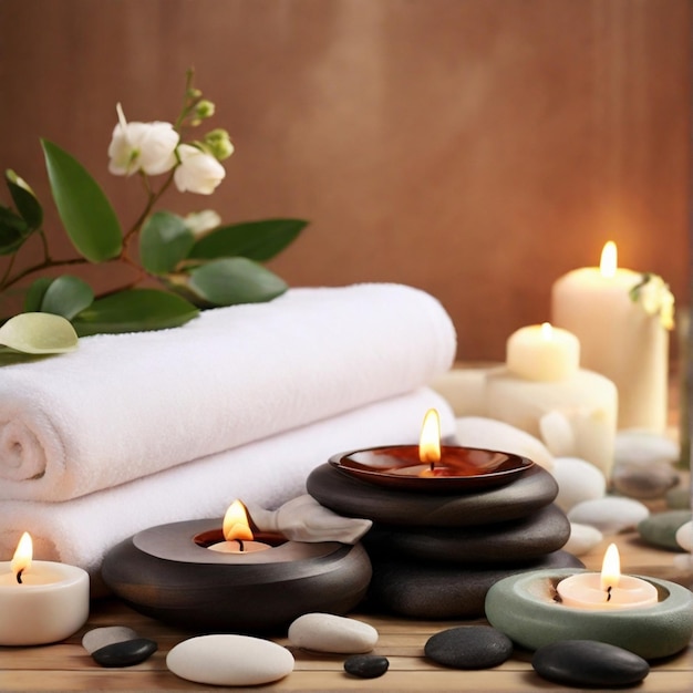 Beautiful spa composition by towel candle and flowers with beauty products