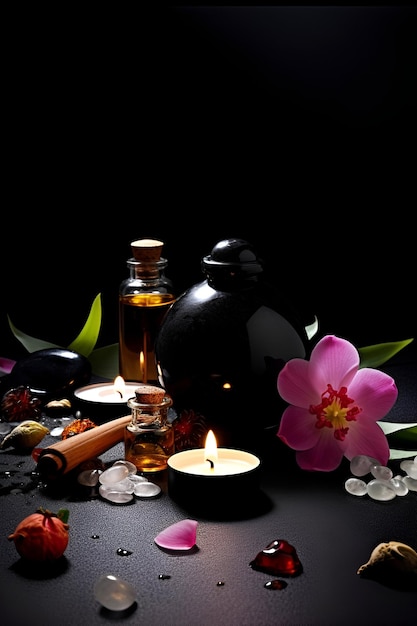 Beautiful spa composition on dark background Natural skincare cosmetic products AI generated