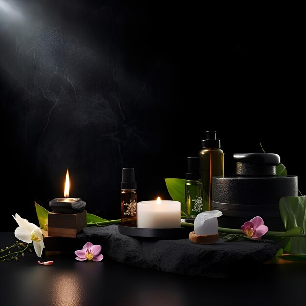 Photo beautiful spa composition on dark background natural skincare cosmetic products ai generated