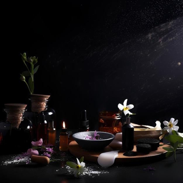 Beautiful spa composition on dark background Natural skincare cosmetic products AI generated