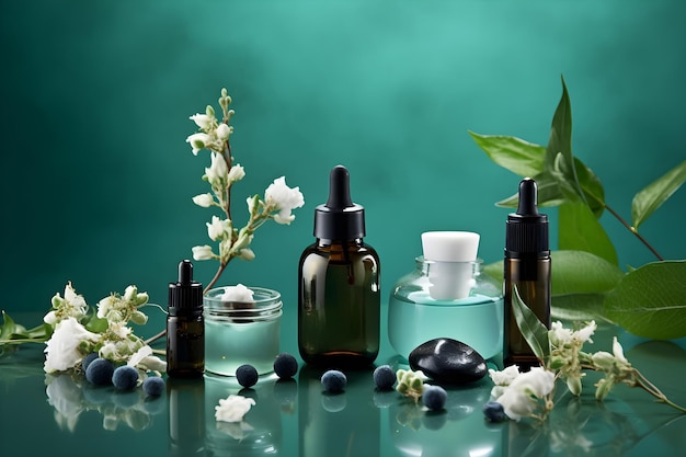 Beautiful spa composition on green background Natural skincare cosmetic products AI generated