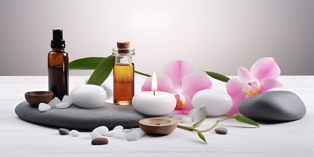 Beautiful spa composition on white background Natural skincare cosmetic products AI generated