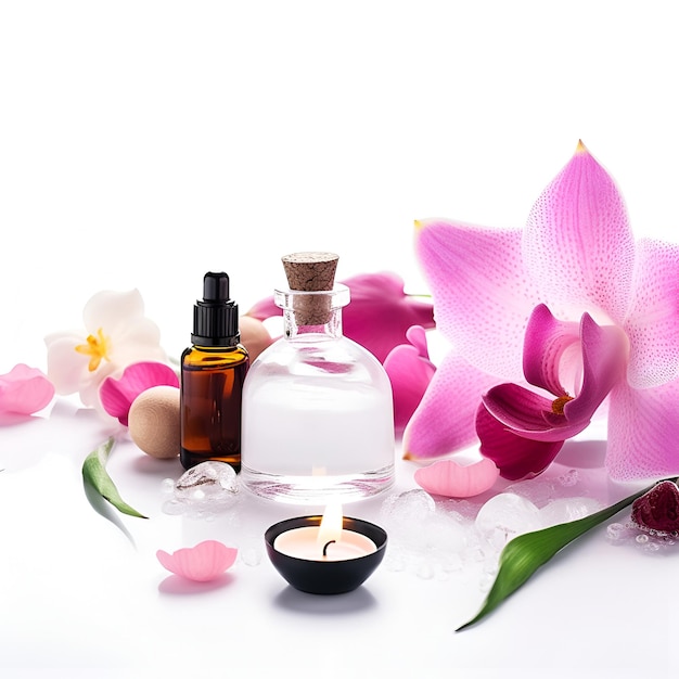 Beautiful spa composition on white background Natural skincare cosmetic products