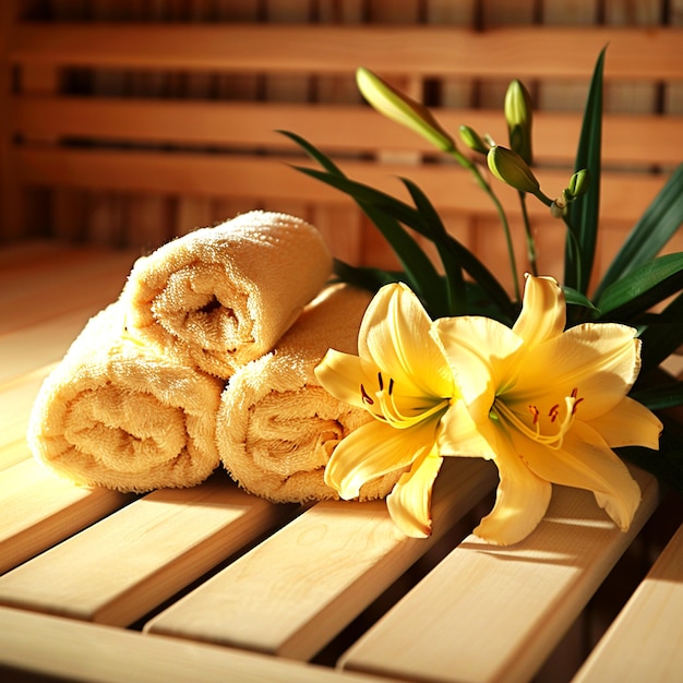 Beautiful spa composition with a bunch of yellow flowers and towels in the background