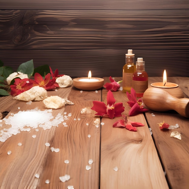 Beautiful spa composition on wooden background Natural skincare cosmetic products