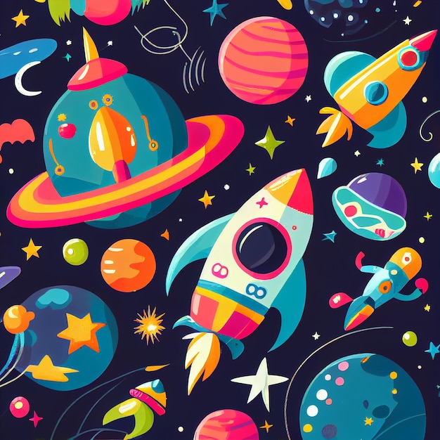 Beautiful Space Planets And Rockets Pattern Illustrator Generative AI