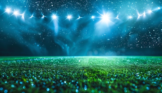 Photo beautiful sports stadium with a green grass field shines with blue spotlights at night with stars sports tournament world championship