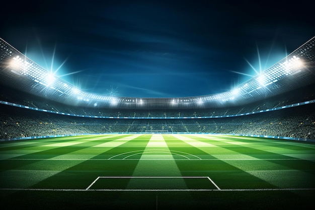 beautiful sports stadium with a green grass field shines with blue spotlights at night with stars