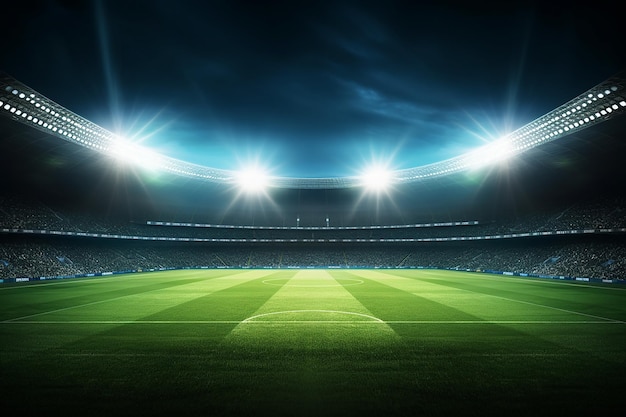 beautiful sports stadium with a green grass field shines with blue spotlights at night with stars