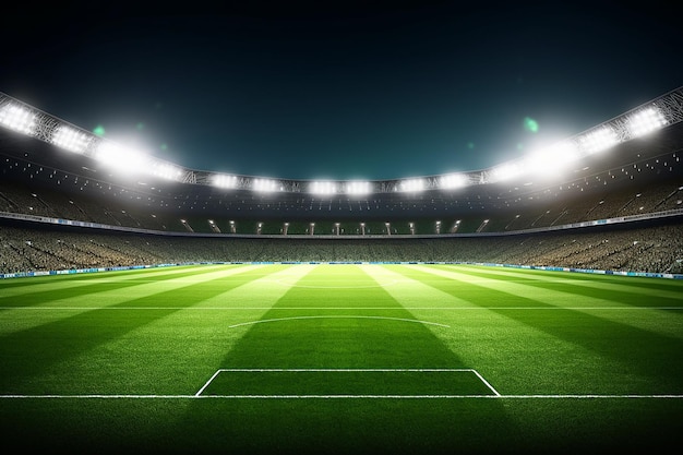 beautiful sports stadium with a green grass field shines with blue spotlights at night with stars