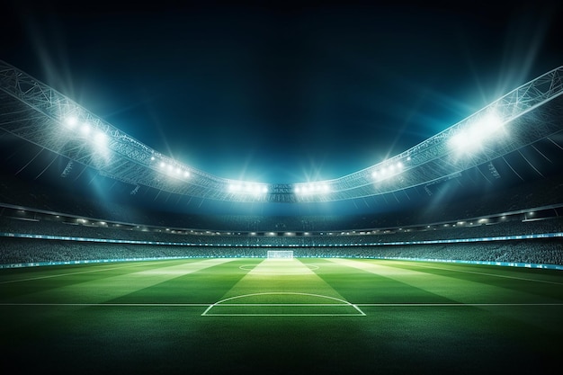 beautiful sports stadium with a green grass field shines with blue spotlights at night with stars