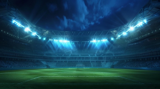 Beautiful sports stadium with a green grass field shines with blue spotlights at night