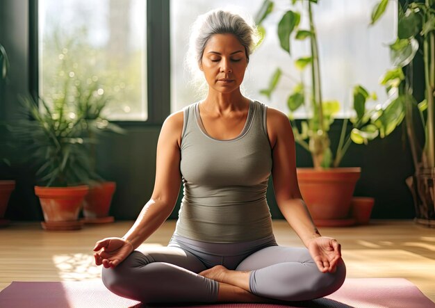 beautiful sporty adult woman meditating at home