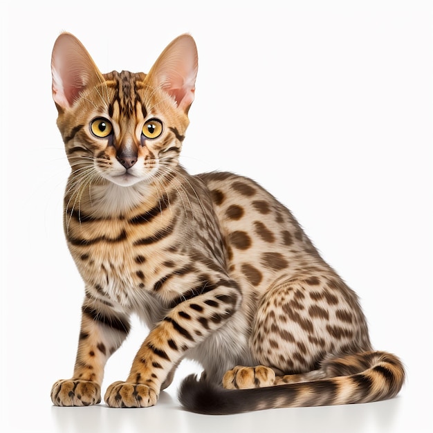 Beautiful spotted leopard color cat breed bengal portrait isolated on white closeup lovely pet