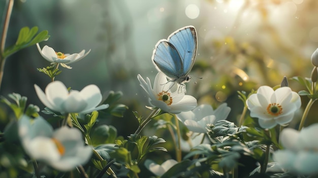 Beautiful spring background with blue butterfly in flight and flowers anemones in forest on nature Delicate elegant dreamy airy artistic image harmony of nature