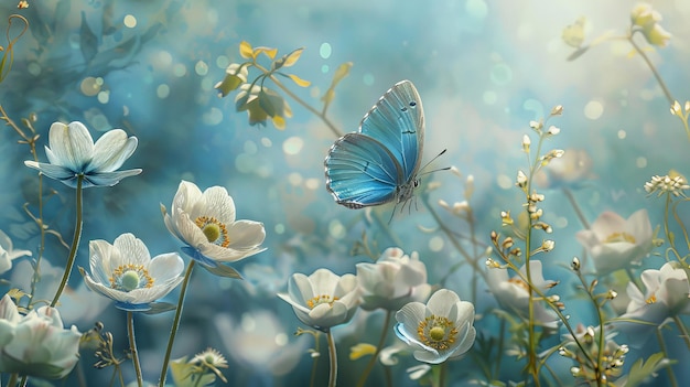 Beautiful spring background with blue butterfly in flight and flowers anemones in forest on nature Delicate elegant dreamy airy artistic image harmony of nature